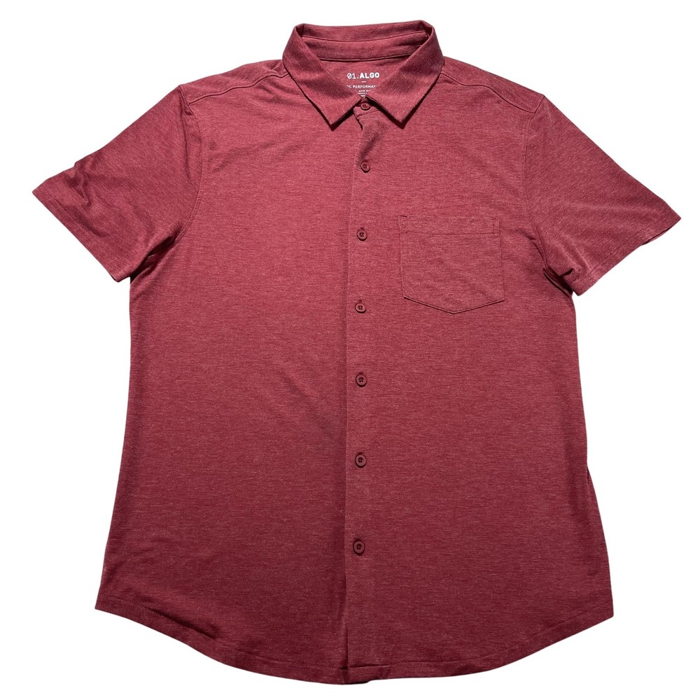 01.ALGO Shirt Mens Medium Red Performance Short‎ Sleeve Button Front Casual